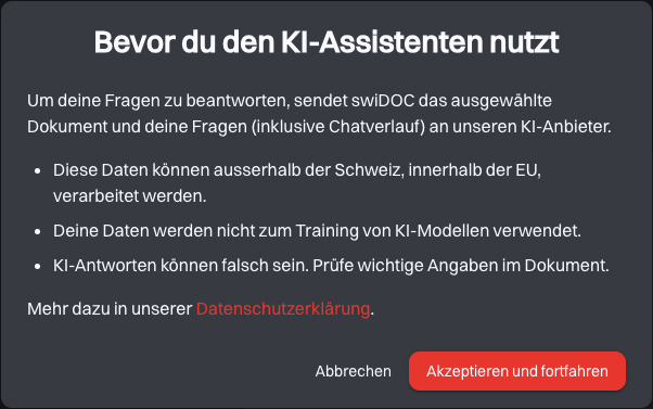 Der Dialog Bevor du den KI-Assistenten nutzt mit seinen drei Punkten, Abbrechen und Akzeptieren und fortfahren