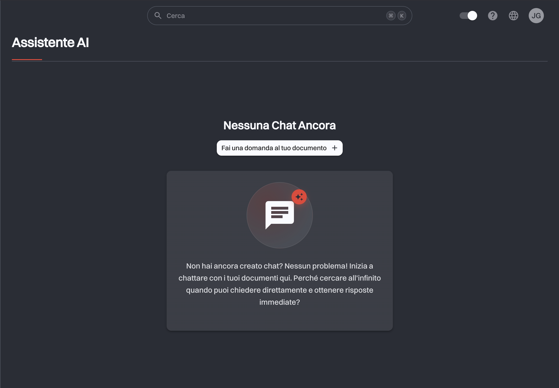 La pagina Assistente AI senza chat, con il pulsante Fai una domanda al tuo documento
