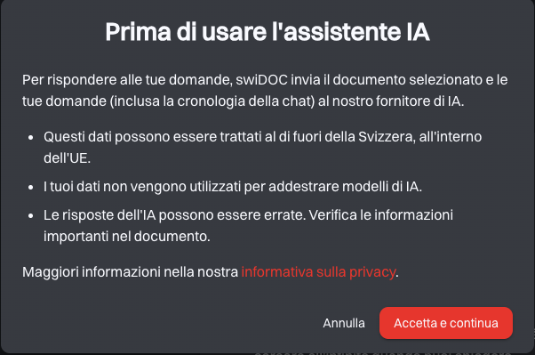 La finestra Prima di usare l’assistente IA con i suoi tre punti, Annulla e Accetta e continua