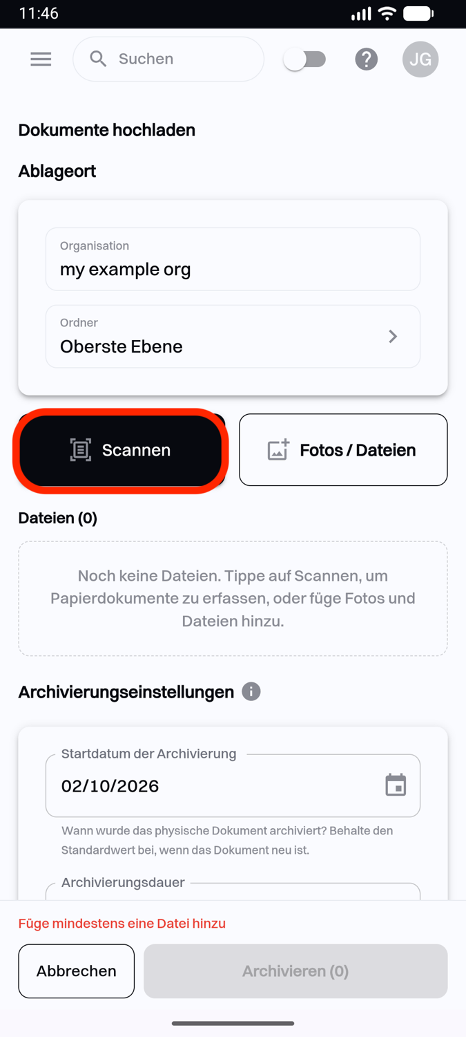 Die Seite Dokumente hochladen, vom Startbildschirm aus geöffnet, mit hervorgehobener Schaltfläche Scannen