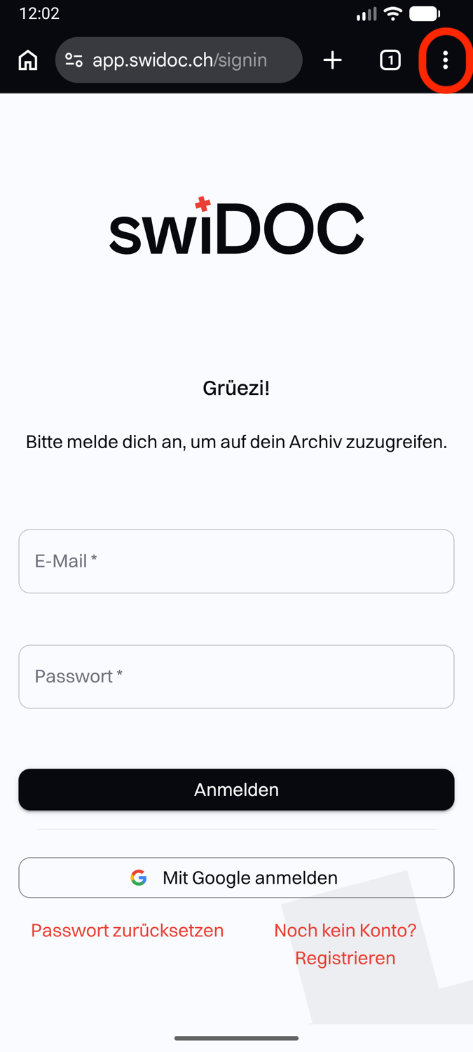 Die Anmeldeseite von swiDOC in Chrome, mit hervorgehobener Menüschaltfläche oben rechts