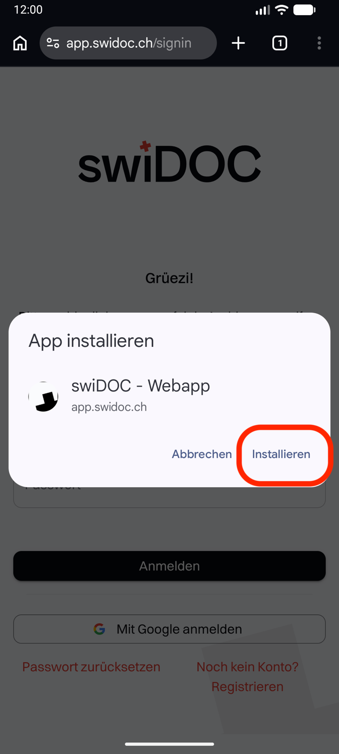 Der Dialog App installieren für swiDOC - Webapp, mit hervorgehobenem Installieren