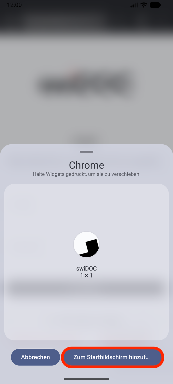 Der Dialog zum Platzieren des swiDOC-Symbols, mit hervorgehobenem Zum Startbildschirm hinzufügen