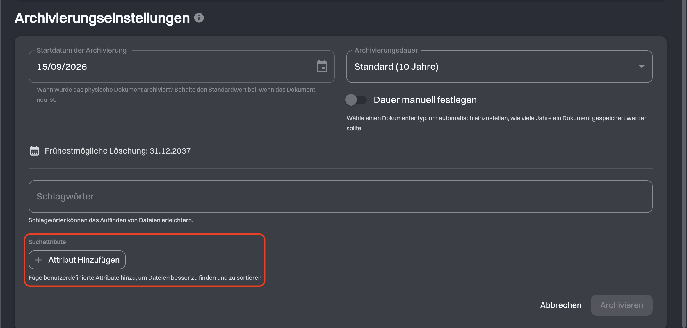 Bereich Suchattribute der Upload-Seite mit der Schaltfläche Attribut Hinzufügen