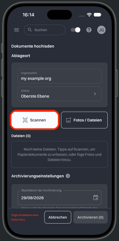 Die Seite Dokumente hochladen, vom Home-Bildschirm aus geöffnet, mit hervorgehobener Schaltfläche Scannen