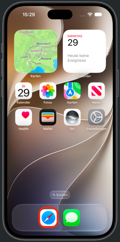 Der Home-Bildschirm des iPhones mit Safari im Dock