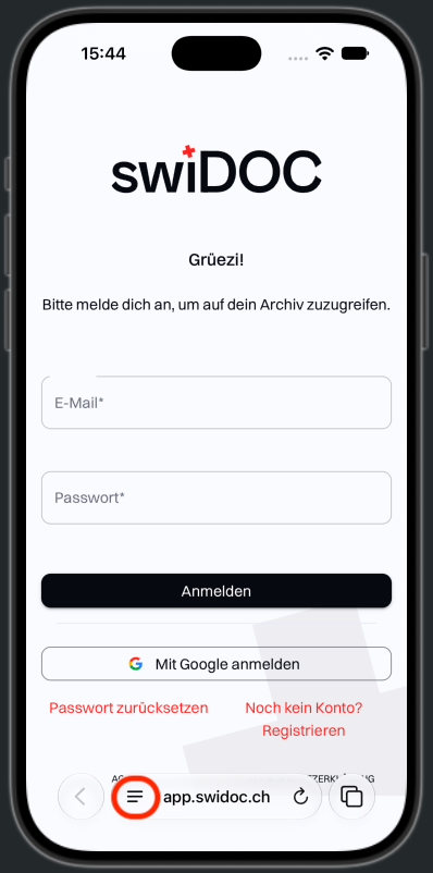 Die Anmeldeseite von swiDOC in Safari, mit hervorgehobener Schaltfläche links neben der Adresse