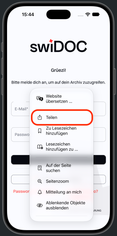 Das Seitenmenü von Safari mit hervorgehobenem Teilen