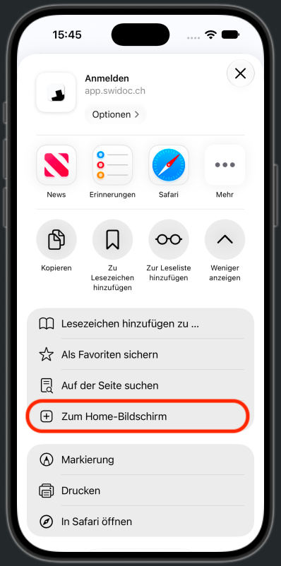 Das ausgeklappte Teilen-Menü mit hervorgehobenem Zum Home-Bildschirm