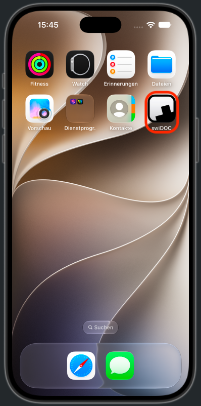 Der Home-Bildschirm des iPhones mit dem neuen, hervorgehobenen Symbol swiDOC