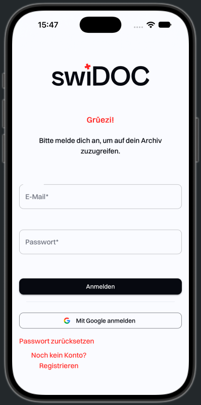 Die Anmeldeseite von swiDOC, vom Home-Bildschirm aus geöffnet, ohne Browserleiste
