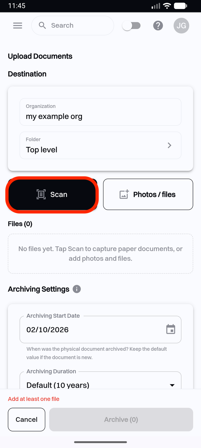 The Upload Documents page opened from the home screen, with the Scan button highlighted