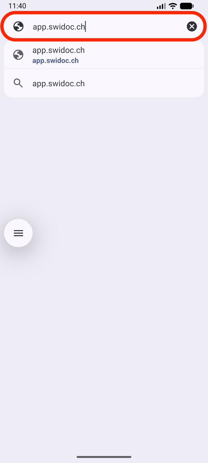 Chrome with app.swidoc.ch typed in the address bar