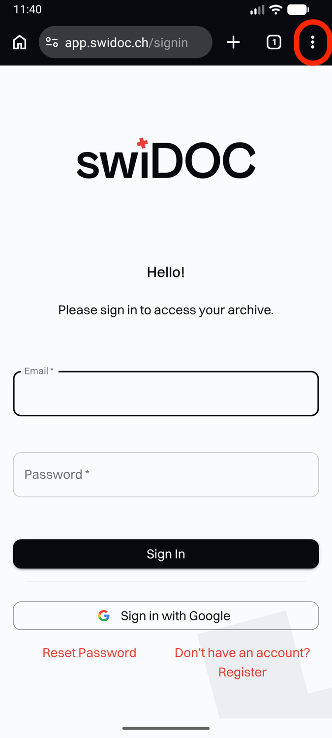 The swiDOC sign-in page in Chrome, with the menu button at the top right highlighted