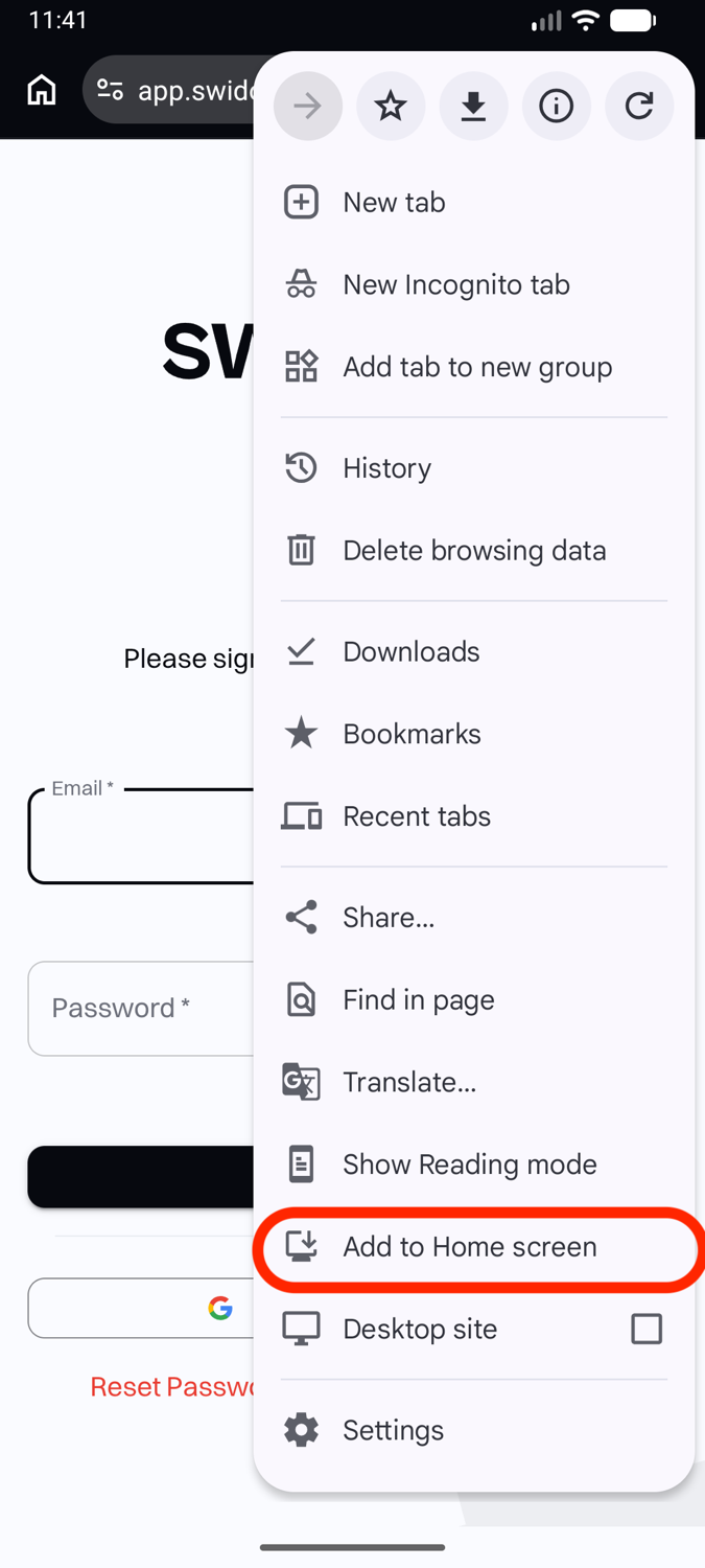 The Chrome menu with Add to Home screen highlighted