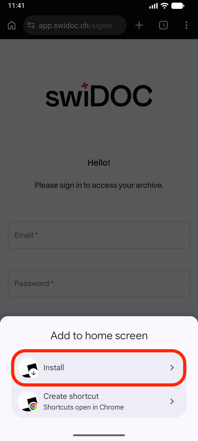 The Add to home screen sheet with Install highlighted