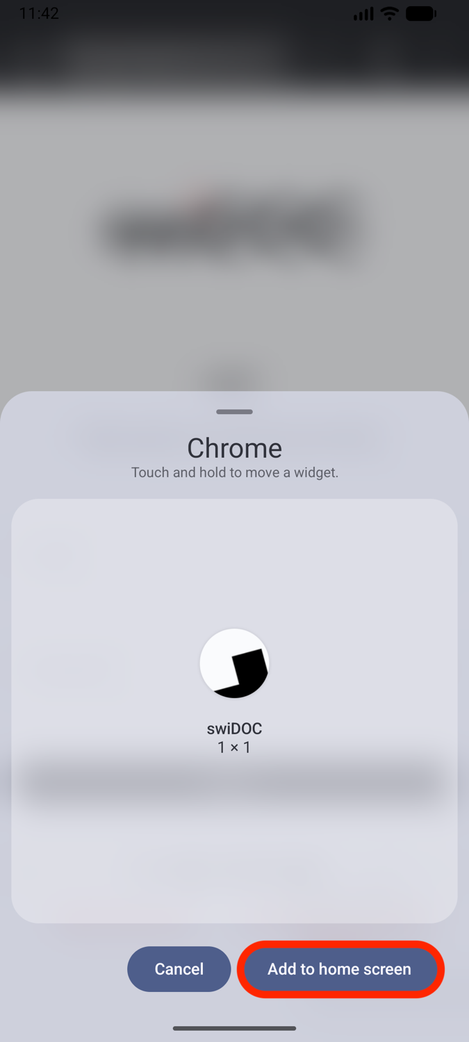The dialog for placing the swiDOC icon, with Add to home screen highlighted