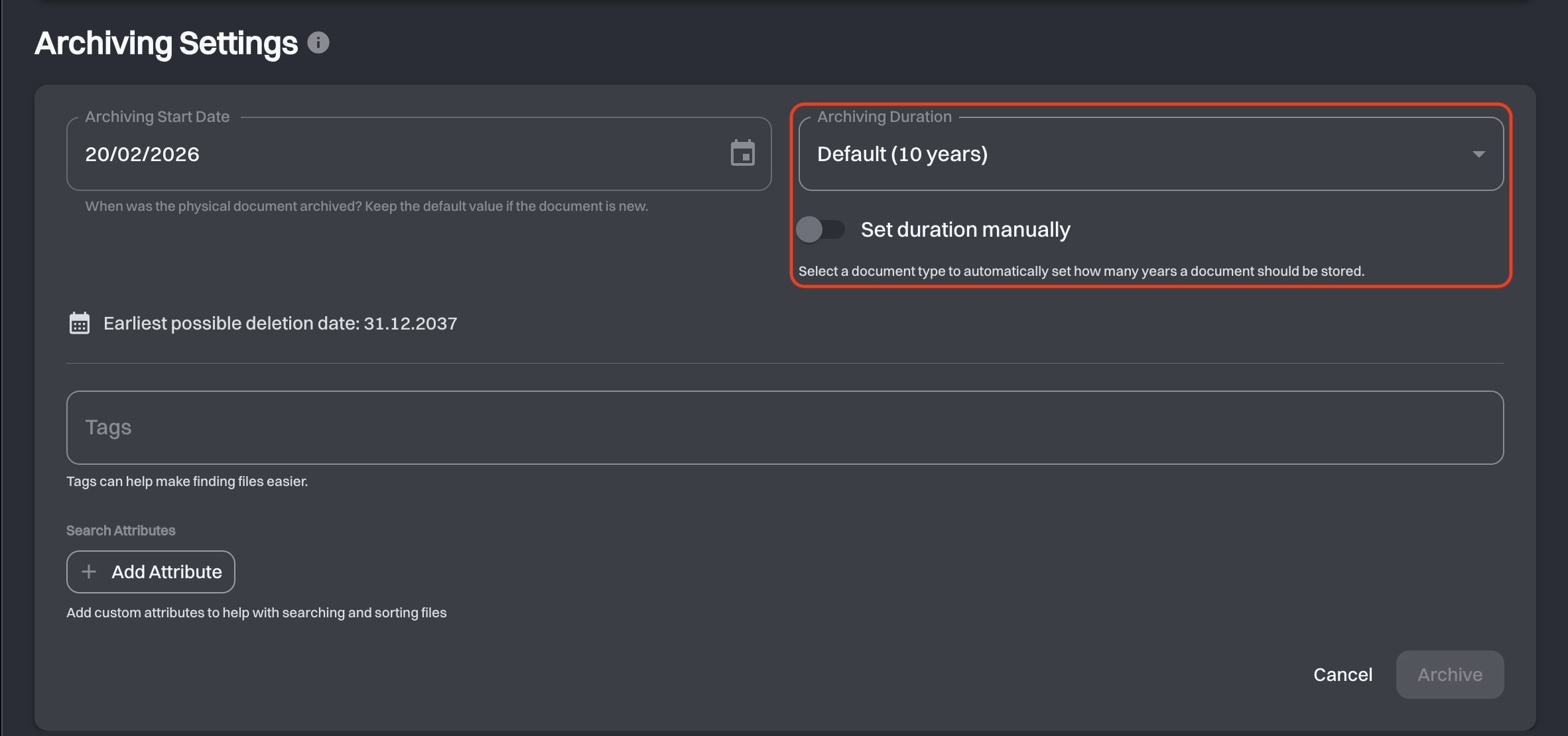 Archiving Duration dropdown set to Default (10 years) with the Set duration manually toggle below it