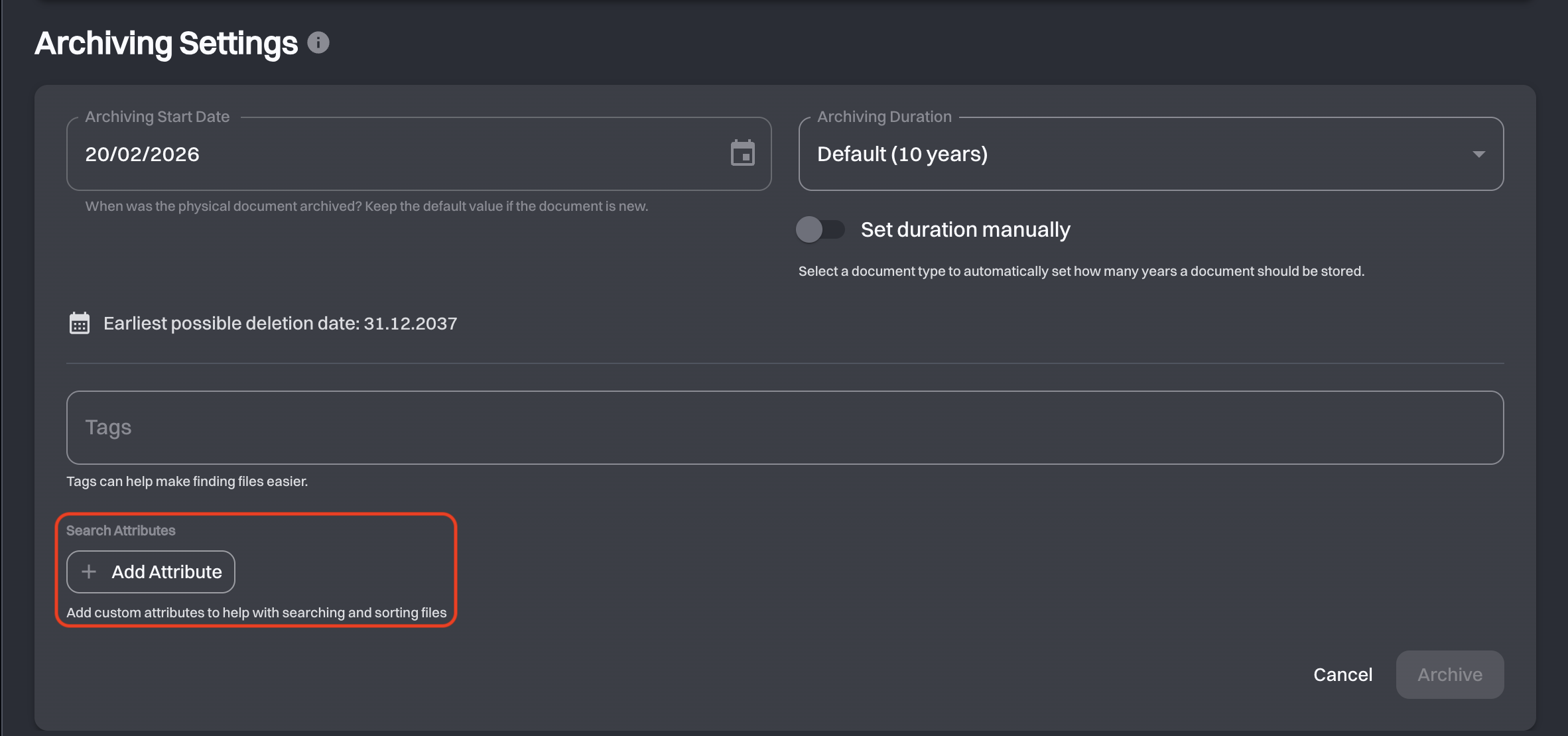 Search Attributes section of the upload page with the Add Attribute button