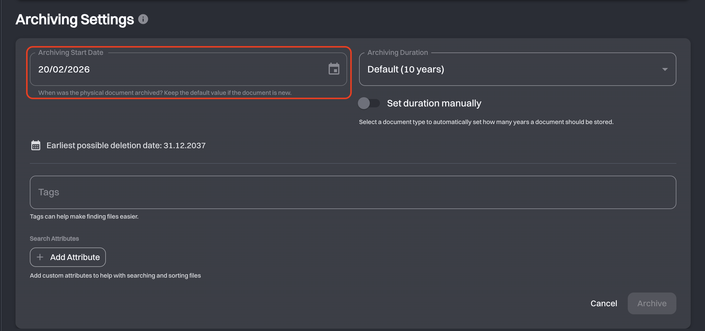 Archiving Start Date field with the earliest possible deletion date below it