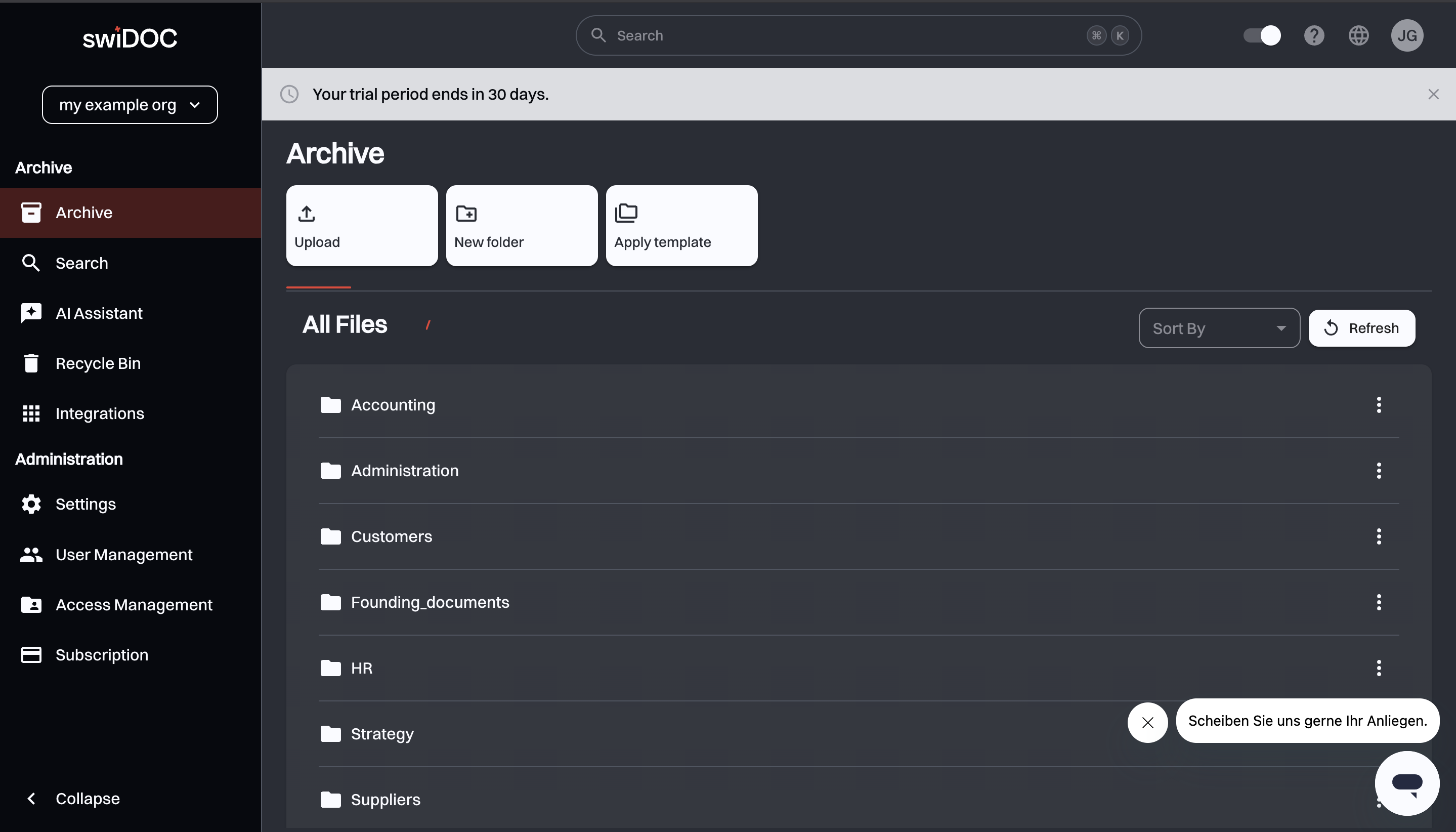 Archive page with the Upload, New folder and Apply template buttons above the folder list