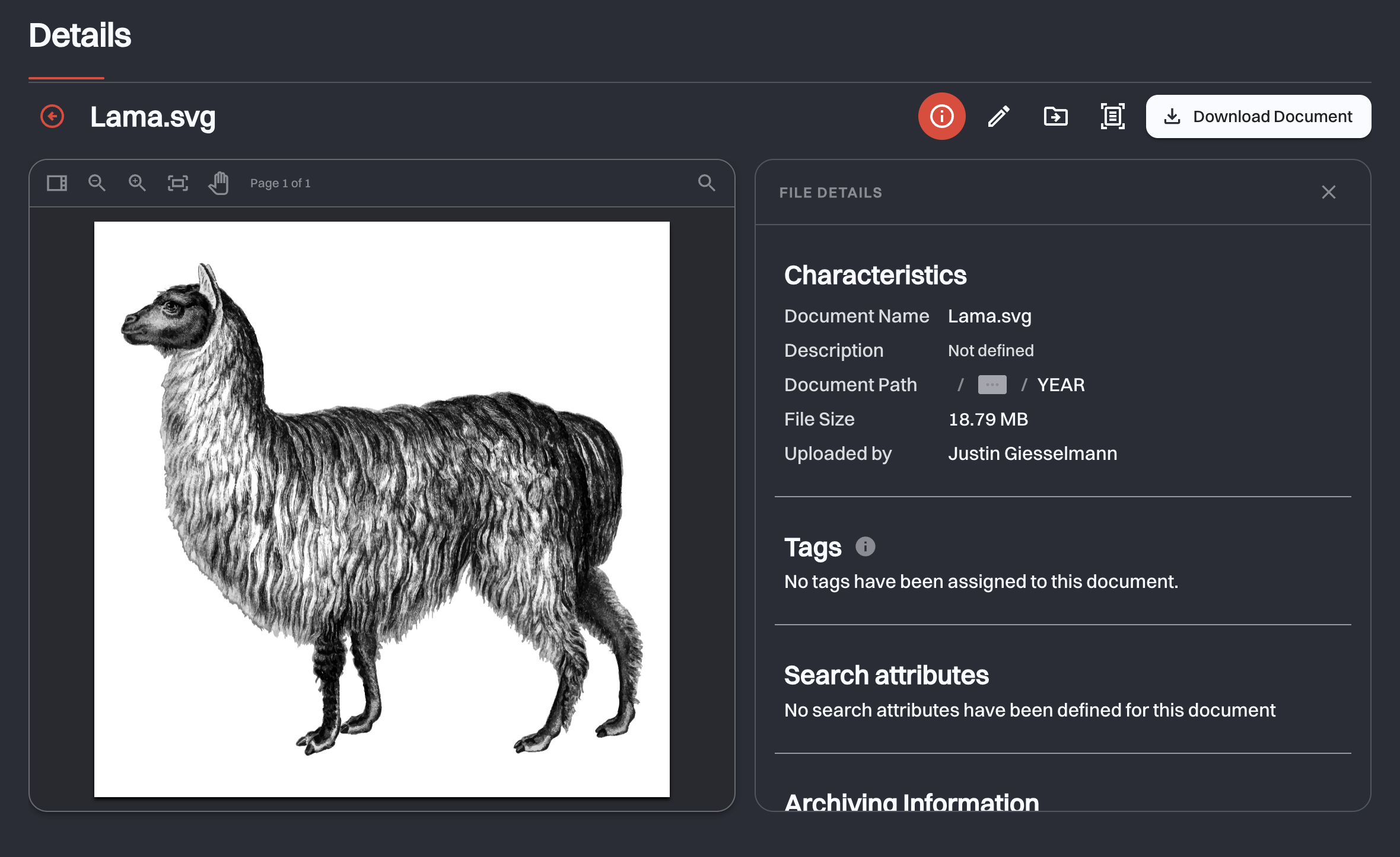 Document details page with the viewer on the left and the File Details panel showing Characteristics, Tags and Search attributes