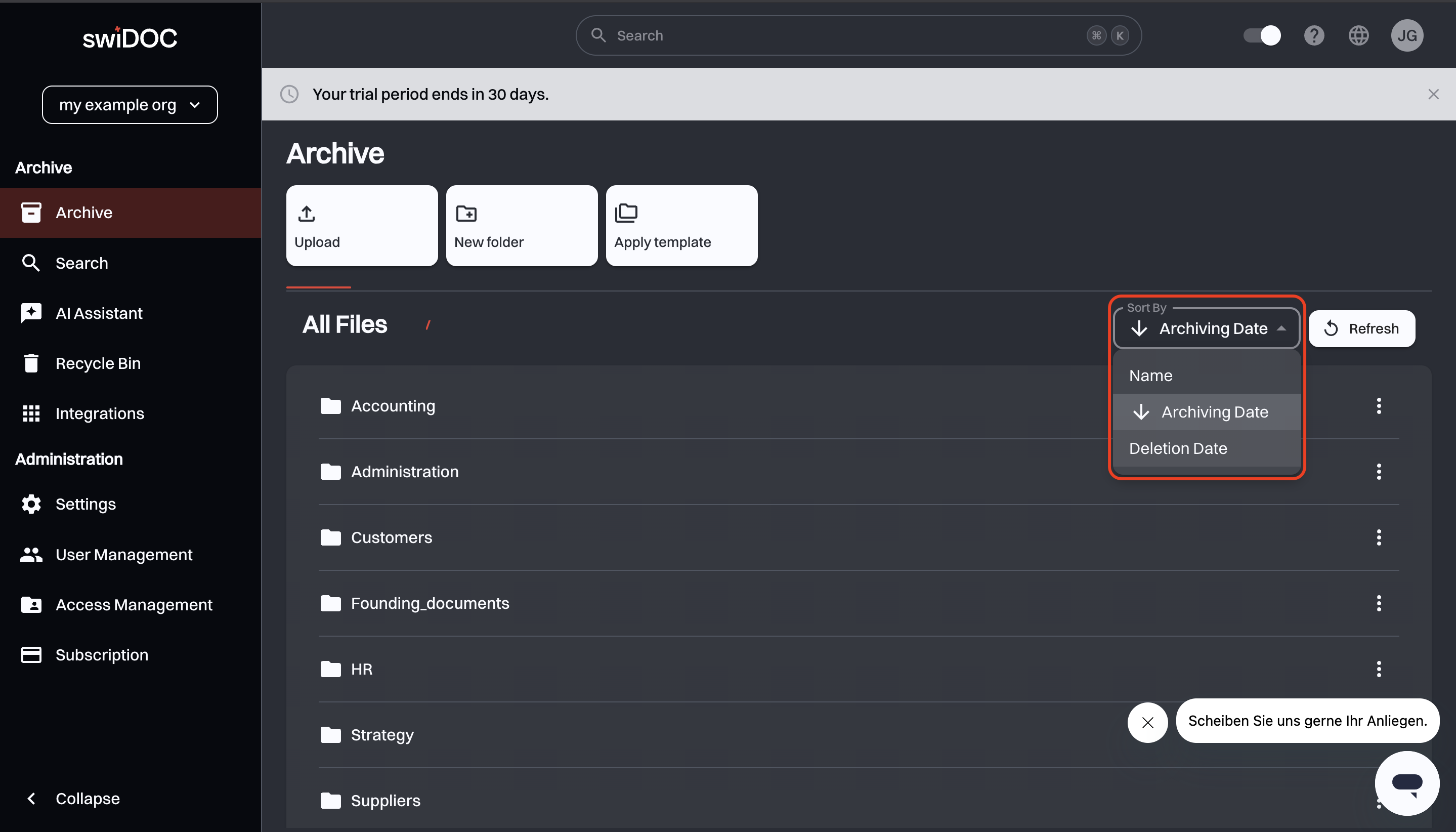 Open Sort By menu with the Name, Archiving Date and Deletion Date options