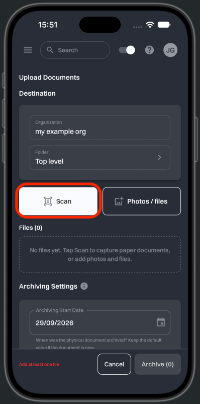 The Upload Documents page opened from the home screen, with the Scan button highlighted