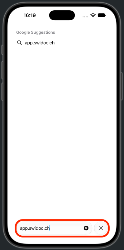 Safari with app.swidoc.ch typed in the address bar