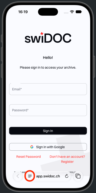 The swiDOC sign-in page in Safari, with the button to the left of the address highlighted