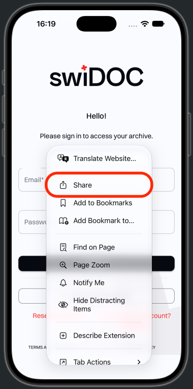 The Safari page menu with Share highlighted