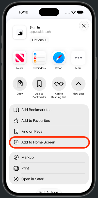 The expanded share sheet with Add to Home Screen highlighted