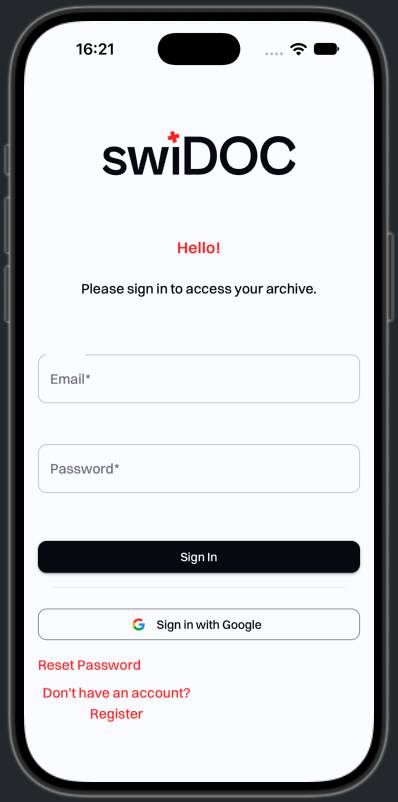 The swiDOC sign-in page opened from the home screen, without the browser bar