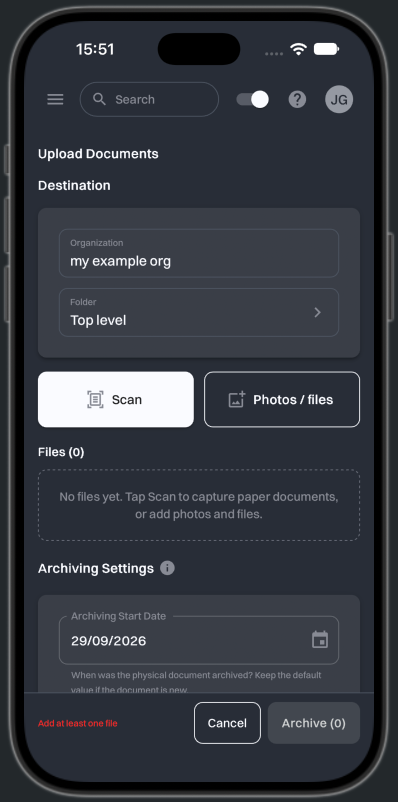 The touch version of the Upload Documents page on an iPhone, with the Destination card, the Scan and Photos / files buttons, an empty file list and the Archive (0) button