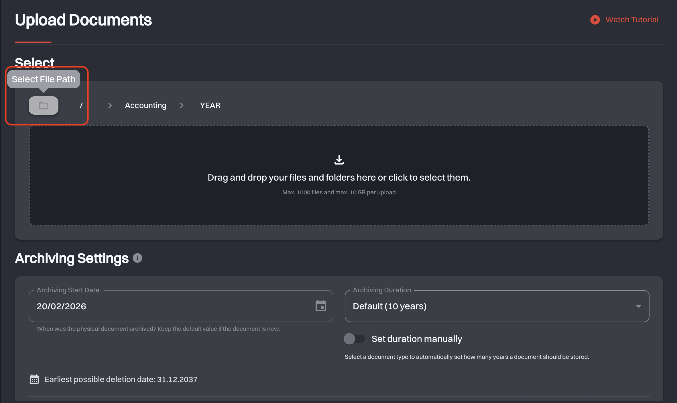 Select section of the upload page with the Select File Path button and the destination breadcrumb above the drop zone