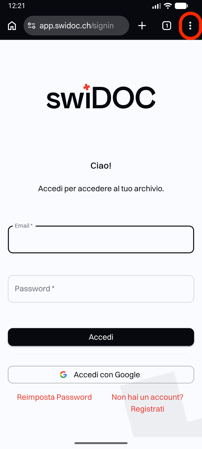 La pagina di accesso di swiDOC in Chrome, con evidenziato il pulsante del menu in alto a destra