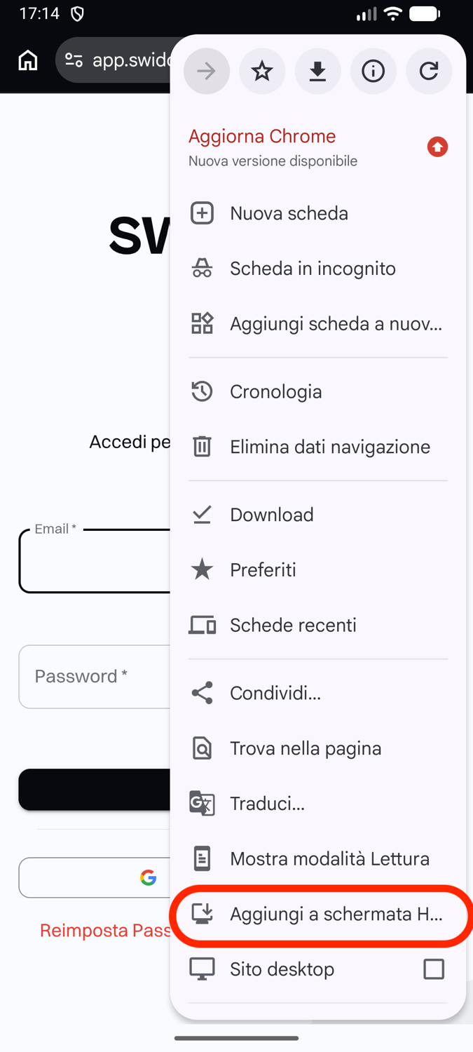 Il menu di Chrome, con evidenziato Aggiungi a schermata Home