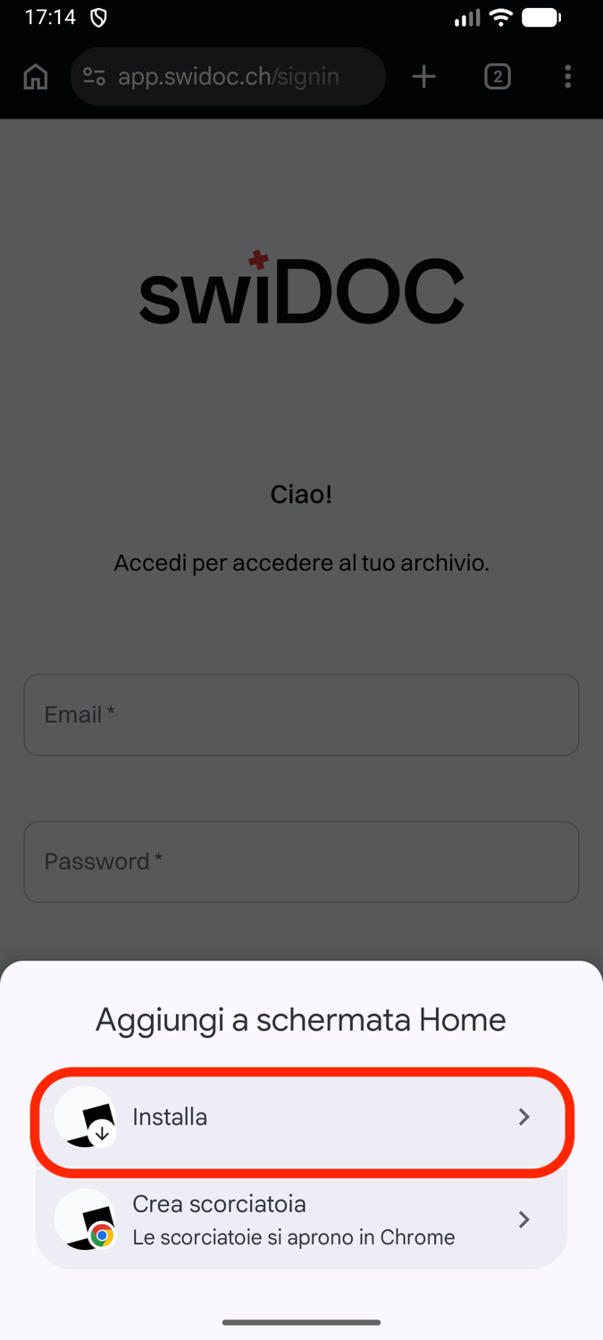 Il pannello Aggiungi a schermata Home, con evidenziato Installa