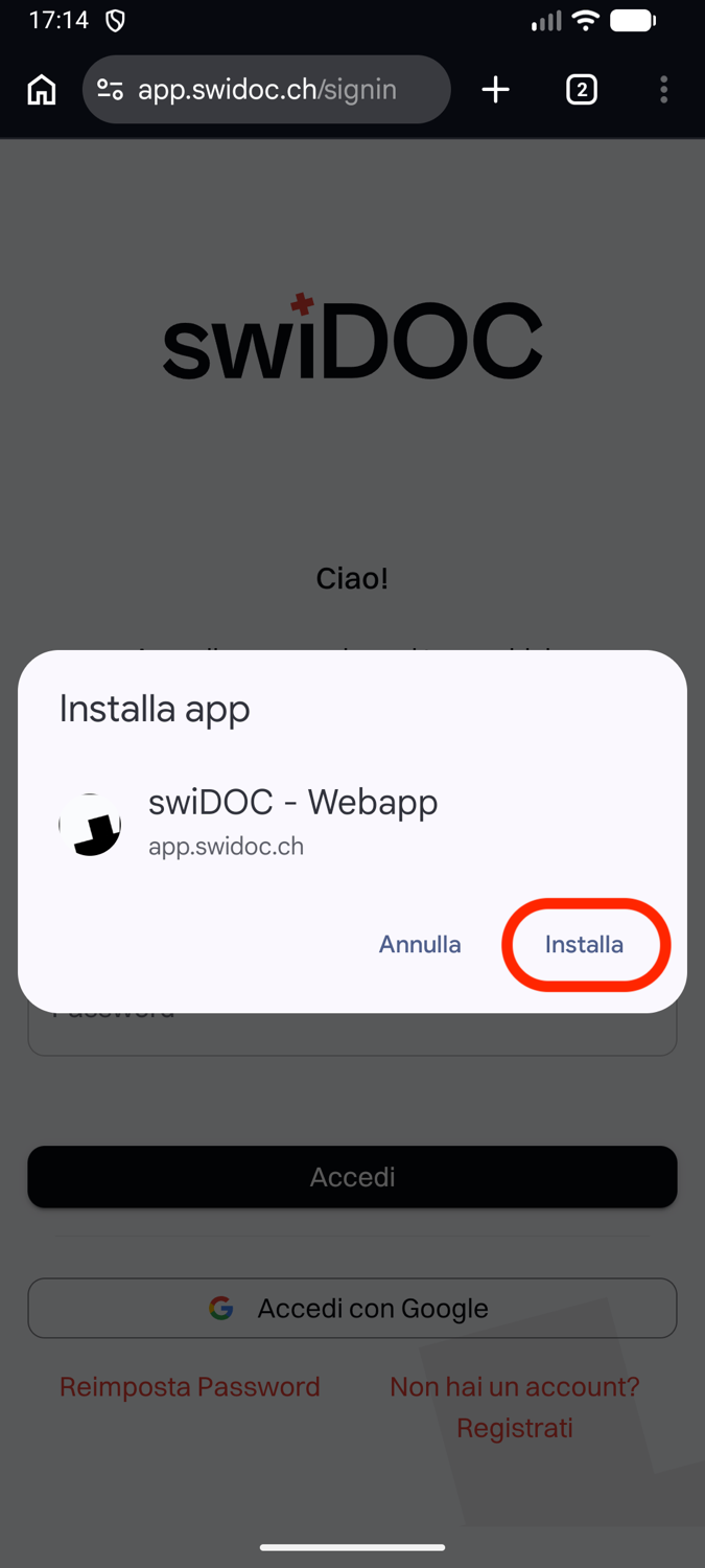 La finestra Installa app per swiDOC - Webapp, con evidenziato Installa