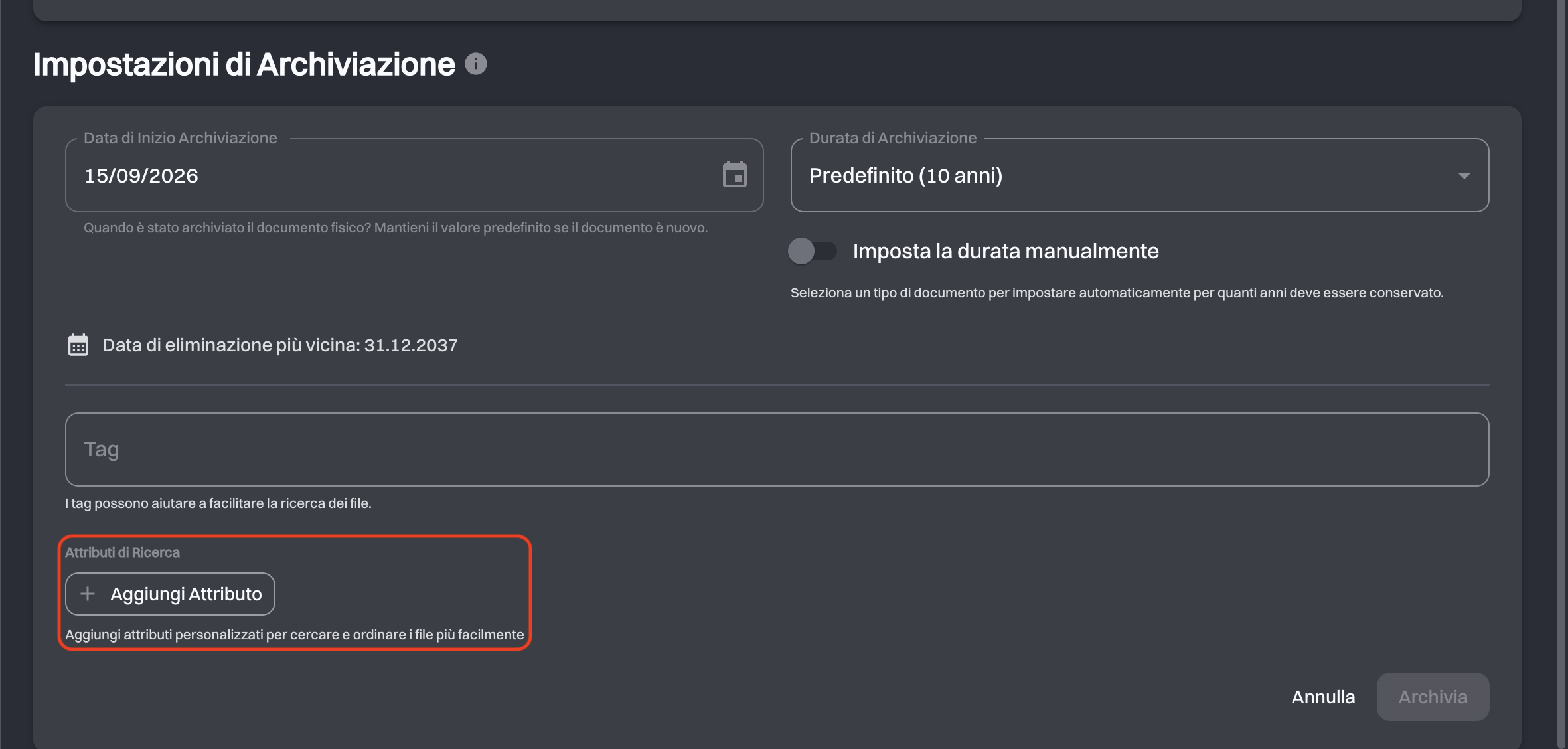 Sezione Attributi di Ricerca della pagina di caricamento con il pulsante Aggiungi Attributo