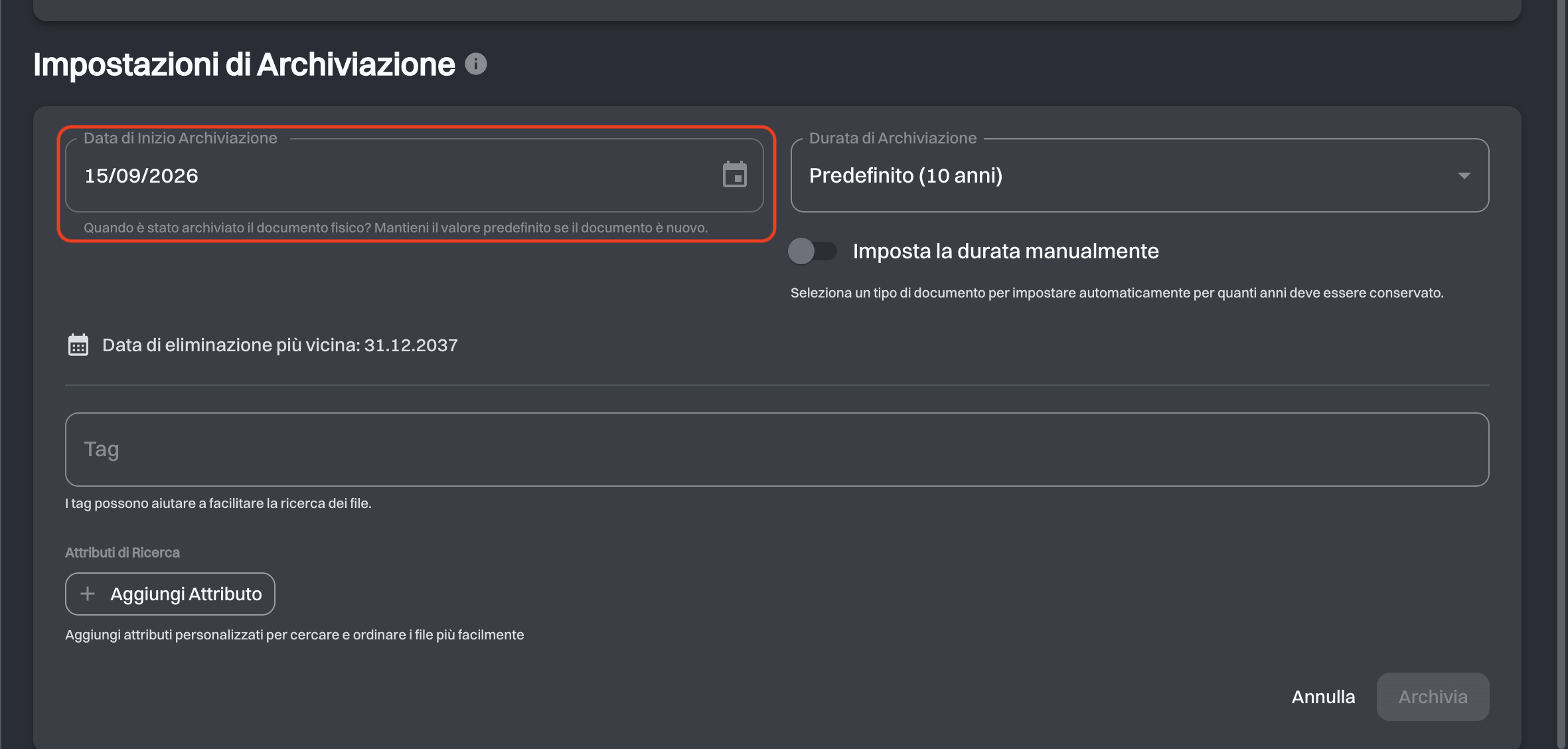 Campo Data di Inizio Archiviazione con la data di eliminazione più vicina sotto