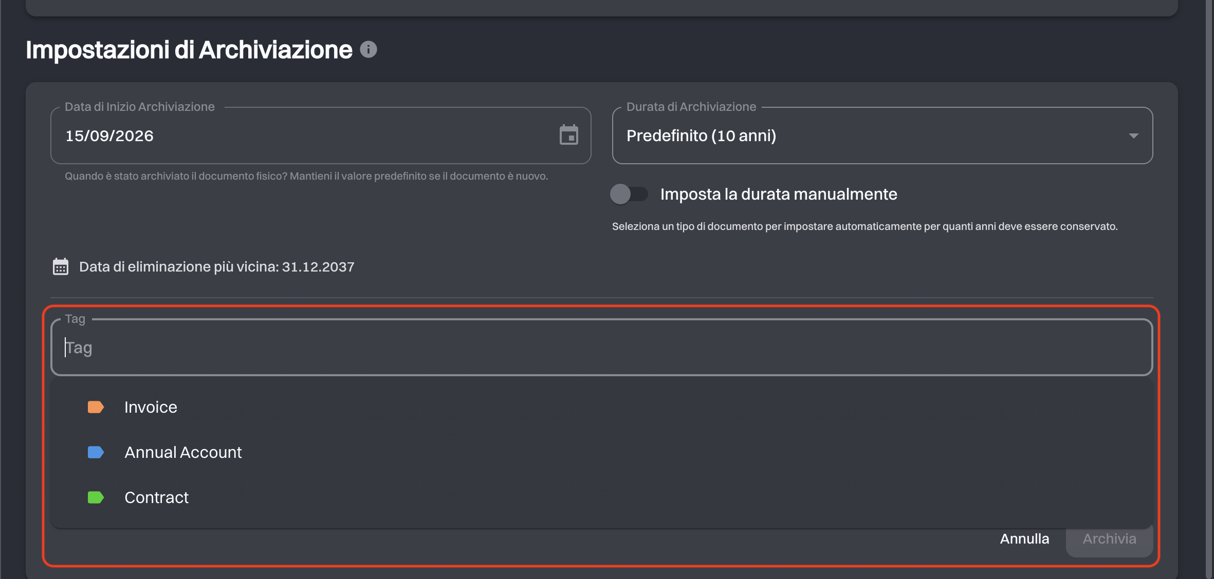 Campo Tag con i tag esistenti dell’organizzazione proposti sotto