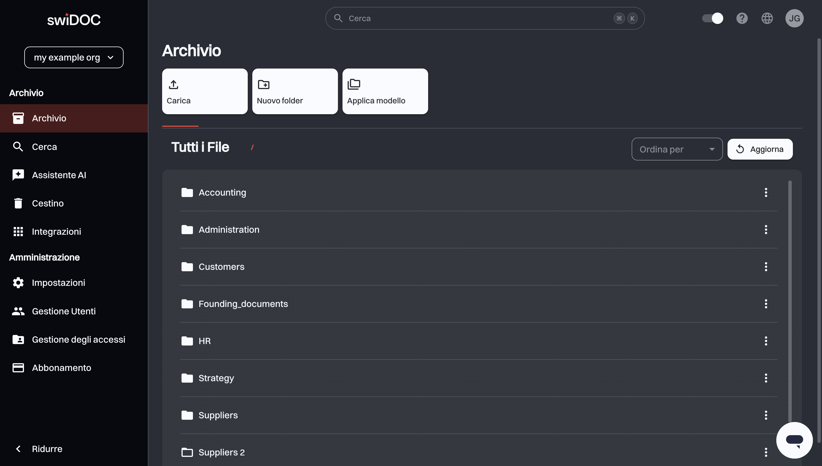 Pagina Archivio con i pulsanti Carica, Nuovo folder e Applica modello sopra l’elenco delle cartelle
