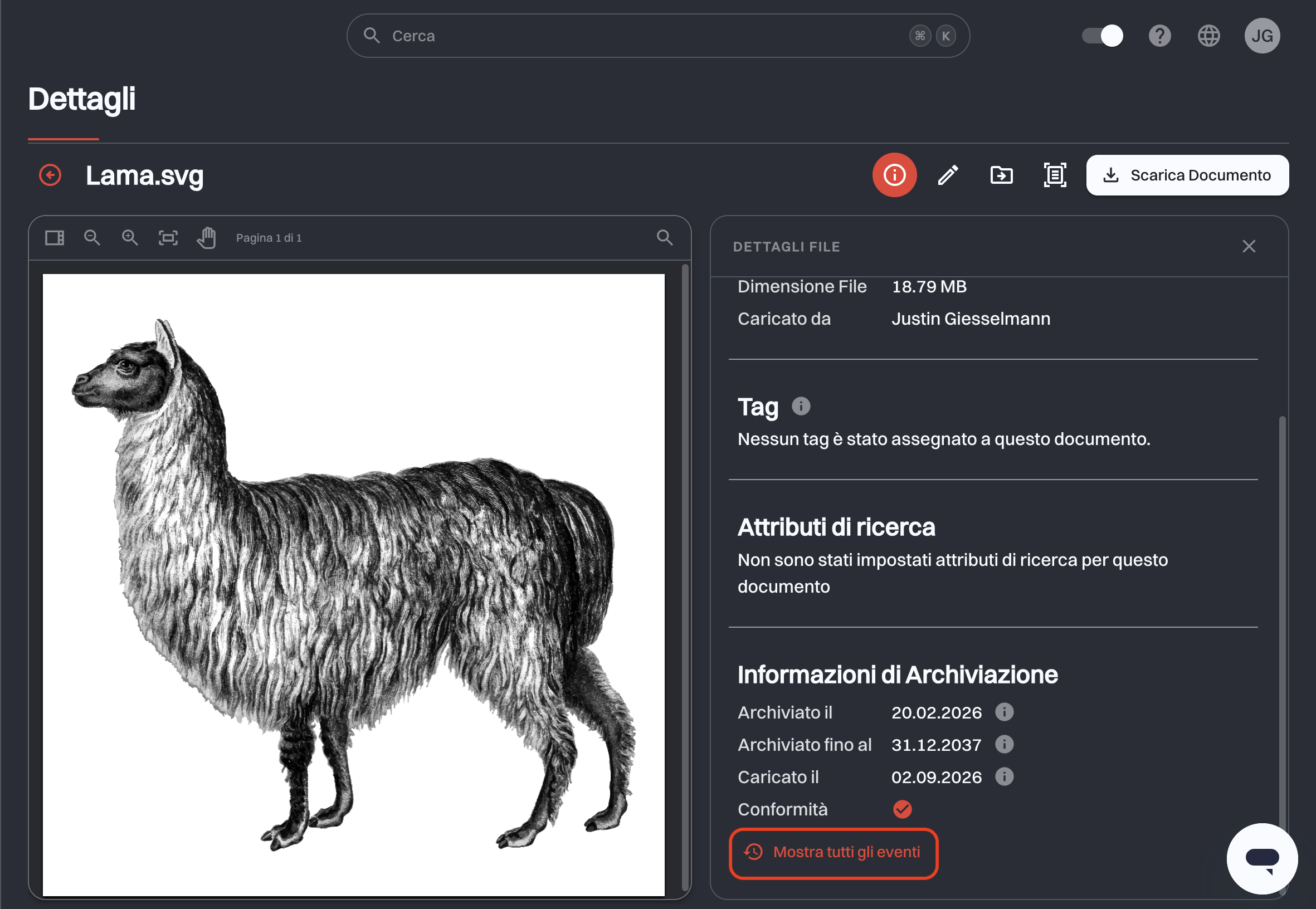 Sezione Informazioni di Archiviazione del pannello dei dettagli con il pulsante Mostra tutti gli eventi