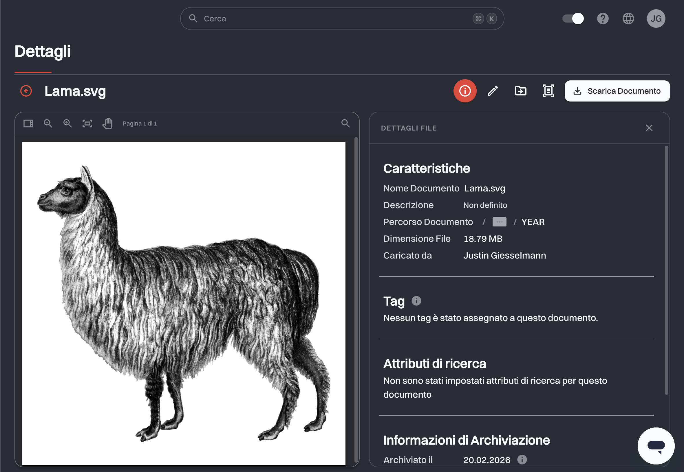 Pagina dei dettagli di un documento con il visualizzatore a sinistra e il pannello Dettagli File che mostra Caratteristiche, Tag e Attributi di ricerca