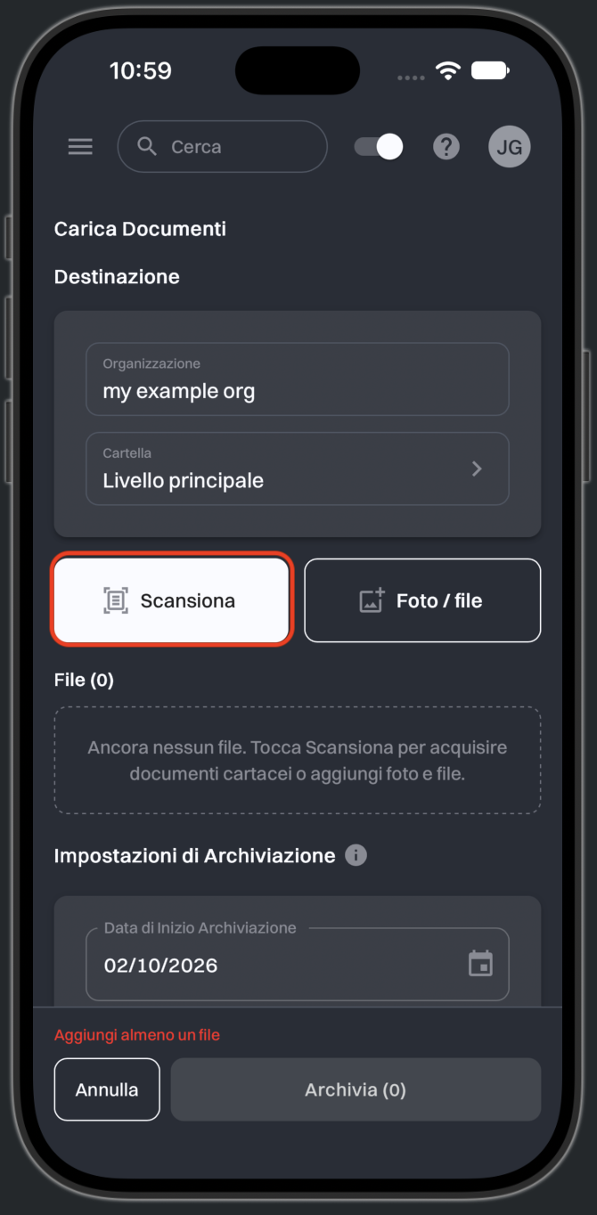 La pagina Carica Documenti aperta dalla schermata Home, con evidenziato il pulsante Scansiona