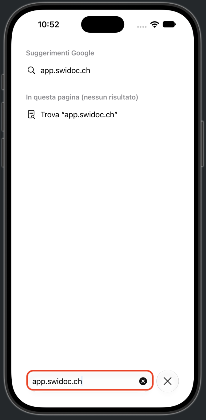 Safari con app.swidoc.ch scritto nella barra degli indirizzi