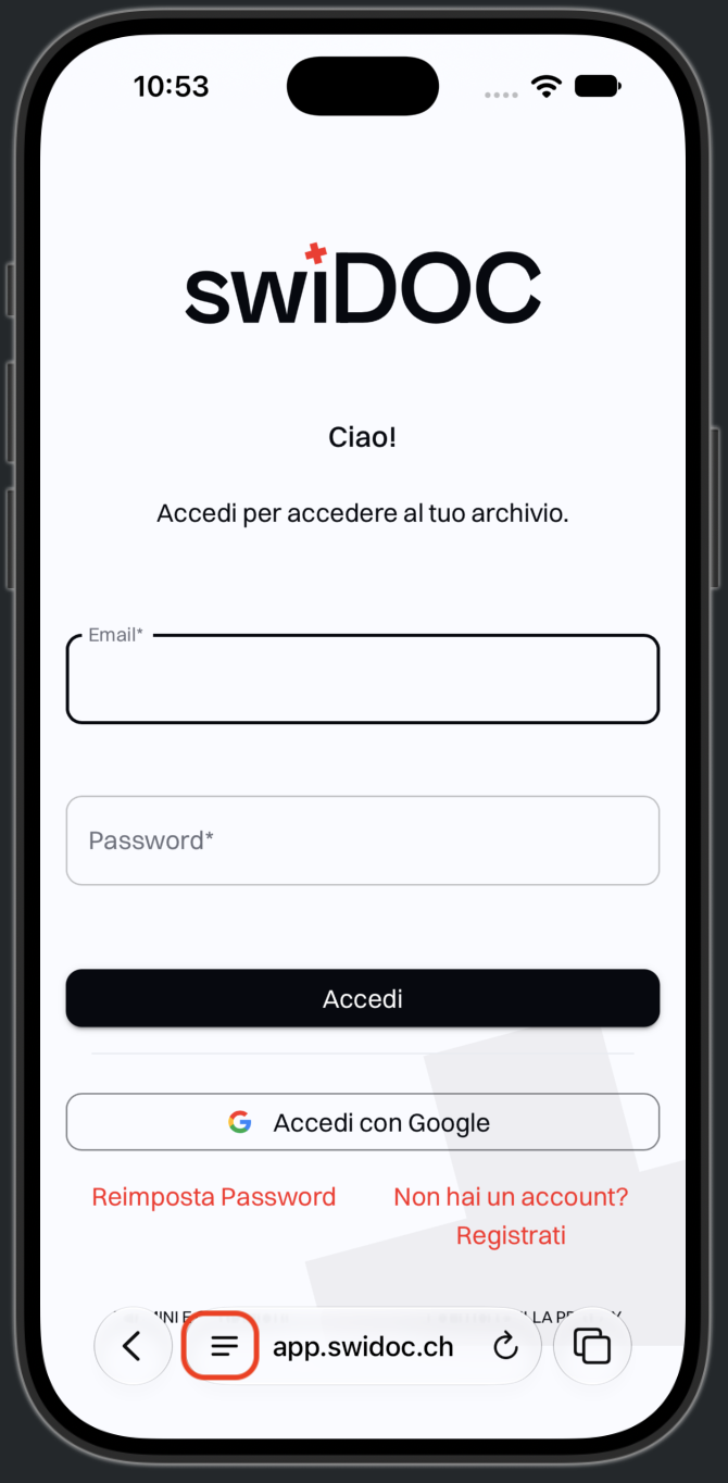 La pagina di accesso di swiDOC in Safari, con evidenziato il pulsante a sinistra dell’indirizzo