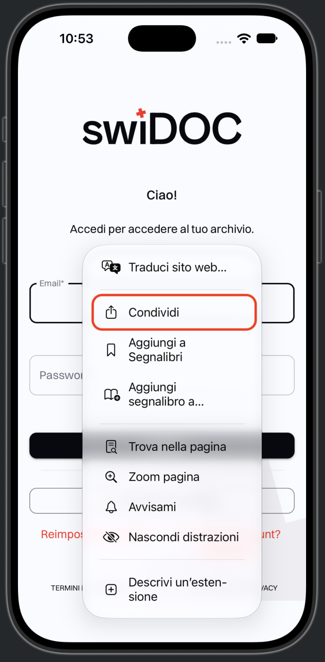 Il menu della pagina di Safari, con evidenziato Condividi