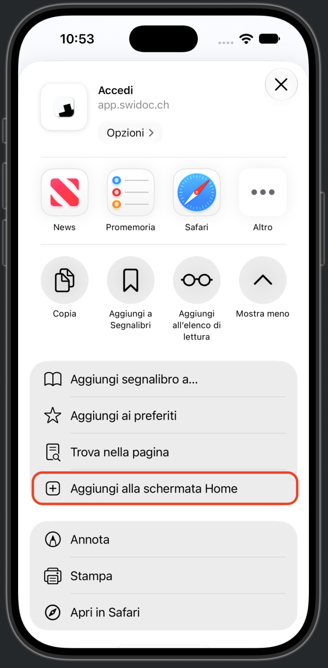 Il foglio di condivisione aperto, con evidenziato Aggiungi alla schermata Home